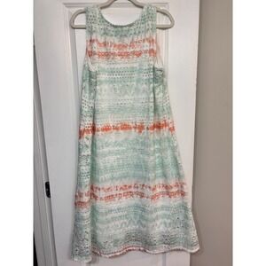 Cloth & Portrait Women XL Eyelet Lace Tie Dye Sleeveless A-Line Dress Mint Coral